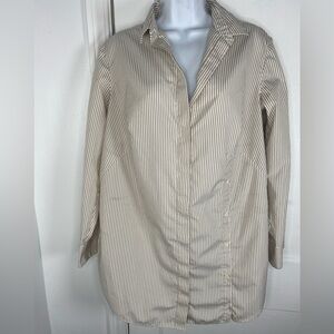 Akris Punto Luxury Beige & White Designer Striped Blouse with Button Details